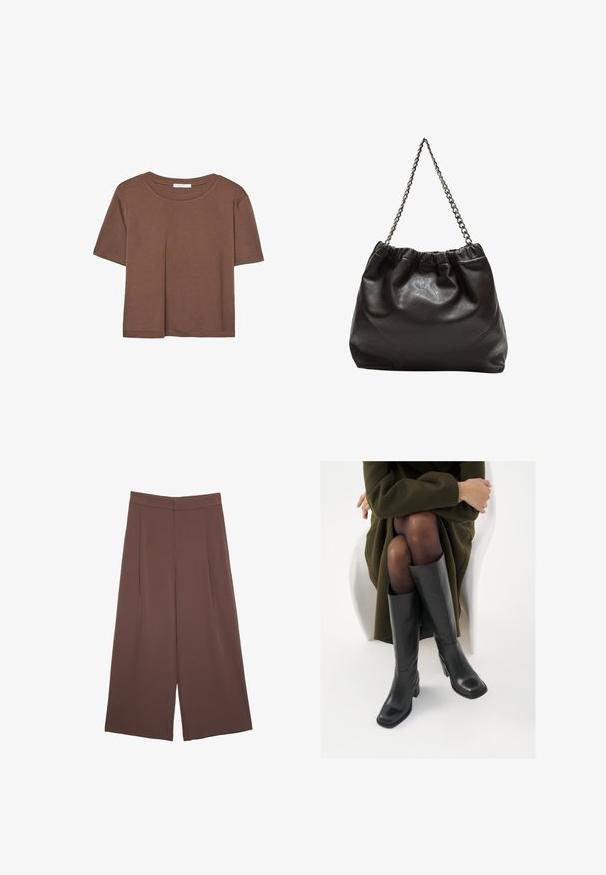 Hnědé tričko s krátkým rukávem vyrobené z měkké látky, s kulatým výstřihem a volným střihem. Bez viditelných vzorů nebo dekorací.; Hnědé široké kalhoty s hladkou texturou, vysokým pasem a předními záhyby. Materiál je lehký a volně splývá.; Černé kožené boty po kolena s hranatou špičkou a blokovým podpatkem, předvedené na modelce sedící v olivově zeleném kabátu. Hladký povrch, minimalizované detaily.; Hnědá kožená taška se sbíraným vrškem a řetízkovým popruhem. Hladký povrch s lesklým finišem a jemným švem na bocích.