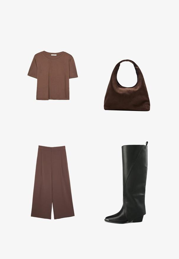 Kahvinsävyinen lyhythihainen t-paita, joka on valmistettu pehmeästä kankaasta. Pyöreä pääntie ja rento malli. Ei näkyviä kuvioita tai koristeita.; Ruskeat leveälahkeiset housut, joissa on sileä pinta, korkea vyötärö ja etupleat. Kangas on kevyttä ja laskeutuu väljänä.; Mustat nahkaiset polven yli saappaat, joissa on teräväkärkiset varpaat, kulmikas muotoilu, kaarrehanat sekä matalat lohkoerot.; Pehmeä ruskea hobo-tyylinen käsilaukku, jossa on yksi leveä olkahihna ja kaareva yläosan aukko, esitelty valkoista taustaa vasten.