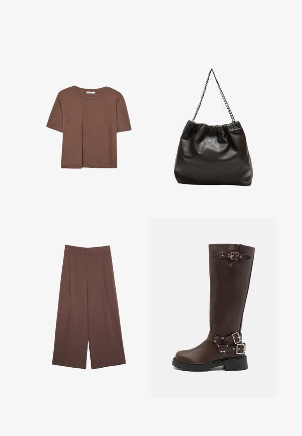 Maglietta a maniche corte marrone realizzata in tessuto morbido, con scollatura rotonda e vestibilità rilassata. Nessun motivo o dettaglio visibile.; Pantaloni ampi marroni con una texture liscia, caratterizzati da una vita alta e pieghe frontali. Il tessuto è leggero e scorre liberamente.; RAID WESTINN - Stivali con plateau - brown; Borsa in pelle marrone con parte superiore arricciata e tracolla a catena. Texture liscia con finitura lucida e dettagli di cucitura sottili sui lati.