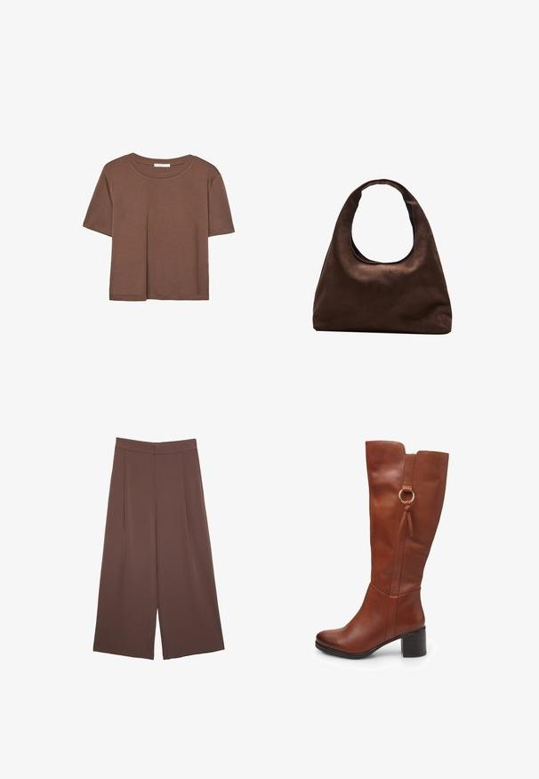 Brązowa koszulka z krótkim rękawem, wykonana z miękkiego materiału, z okrągłym dekoltem i luźnym krojem. Brak widocznych wzorów lub akcentów.; Brązowe spodnie o szerokich nogawkach z gładką fakturą, z wysokim stanem i plisami z przodu. Materiał jest lekki i luźno opada.; Brązowy skórzany kozak do kolan z zaokrąglonym noskiem, grubym obcasem i bocznym zamkiem błyskawicznym. Posiada dekoracyjną złotą obręcz i związany akcent.; Miękka, brązowa torebka w stylu hobo z jedną szeroką rączką i wyprofilowanym otwarciem, wyeksponowana na białym tle.