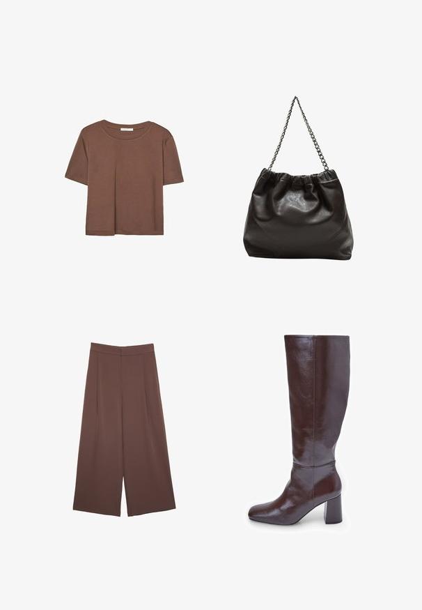 Brązowa koszulka z krótkim rękawem, wykonana z miękkiego materiału, z okrągłym dekoltem i luźnym krojem. Brak widocznych wzorów lub akcentów.; Brązowe spodnie o szerokich nogawkach z gładką fakturą, z wysokim stanem i plisami z przodu. Materiał jest lekki i luźno opada.; Brązowe skórzane kozaki do kolan z kwadratowym noskiem i grubym obcasem. Wykończenie jest błyszczące, podkreślające gładką fakturę i linie wzornicze.; Brązowa skórzana torba z marszczonym szczytem i łańcuszkowym paskiem. Gładka tekstura z błyszczącym wykończeniem i subtelnymi detalami szwów po bokach.