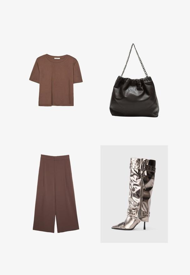 Kahvinsävyinen lyhythihainen t-paita, joka on valmistettu pehmeästä kankaasta. Pyöreä pääntie ja rento malli. Ei näkyviä kuvioita tai koristeita.; Ruskeat leveälahkeiset housut, joissa on sileä pinta, korkea vyötärö ja etupleat. Kangas on kevyttä ja laskeutuu väljänä.; Metallinen polvipituinen saapas, jossa on kapea stiletto-korko, terävä kärki, vetoketjusuljenta ja niiteillä varustetut hihnat. Sisältää ryppyisen tekstuurin.; Ruskea nahkainen laukku, jossa on kerätty yläosa ja ketjuhihna. Tasainen pinta, jossa kiiltävä viimeistely ja hienovaraiset sauman yksityiskohdat sivuilla.