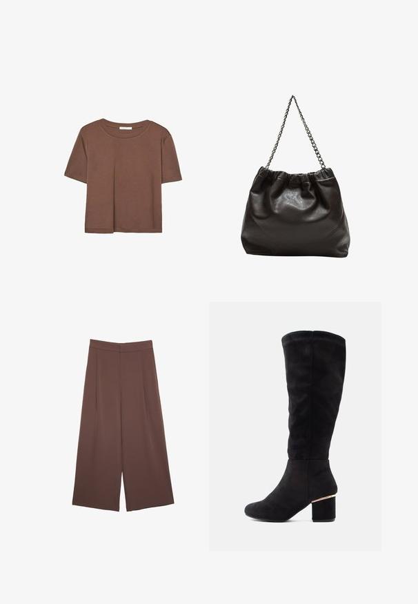 Rjava kratka majica s kratkimi rokavi iz mehkega materiala, s krožnim izrezom in ohlapnim krojem. Brez vidnih vzorcev ali dodatkov.; Rjave široke hlače z gladko teksturo, ki imajo visok pas in sprednje naborke. Tkanina je lahka in prosto pada.; Črne škornje do kolen iz mehkega suede materiala, ki imajo masiven blok peta z zlatim poudarkom. Gladka tekstura, zasnova z zaobljenim prstom.; Rjava usnjena torba z nabranim vrhom in verižnim trakom. Gladka tekstura z sijajno površino in subtilnimi šivi na straneh.