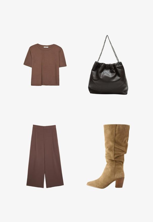 Kahvinsävyinen lyhythihainen t-paita, joka on valmistettu pehmeästä kankaasta. Pyöreä pääntie ja rento malli. Ei näkyviä kuvioita tai koristeita.; Ruskeat leveälahkeiset housut, joissa on sileä pinta, korkea vyötärö ja etupleat. Kangas on kevyttä ja laskeutuu väljänä.; Ruskean mokkasaappaiden polvipituinen malli, jossa on pussimainen muotoilu, teräväkärkinen malli ja pinoitu puupohja. Pehmeä rakenne, jossa näkyvät ommelkorostukset.; Ruskea nahkainen laukku, jossa on kerätty yläosa ja ketjuhihna. Tasainen pinta, jossa kiiltävä viimeistely ja hienovaraiset sauman yksityiskohdat sivuilla.