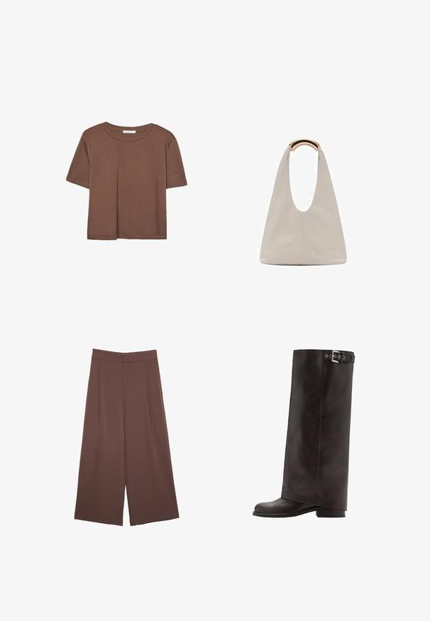 Rjava kratka majica s kratkimi rokavi iz mehkega materiala, s krožnim izrezom in ohlapnim krojem. Brez vidnih vzorcev ali dodatkov.; Rjave široke hlače z gladko teksturo, ki imajo visok pas in sprednje naborke. Tkanina je lahka in prosto pada.; Mango Škornji - brown; Svetlo siva usnjena torba z U-oblika zasnovo in ukrivljenim kovinskim ročajem. Gladka tekstura z minimalnim šivom in brez vidnih vzorcev.