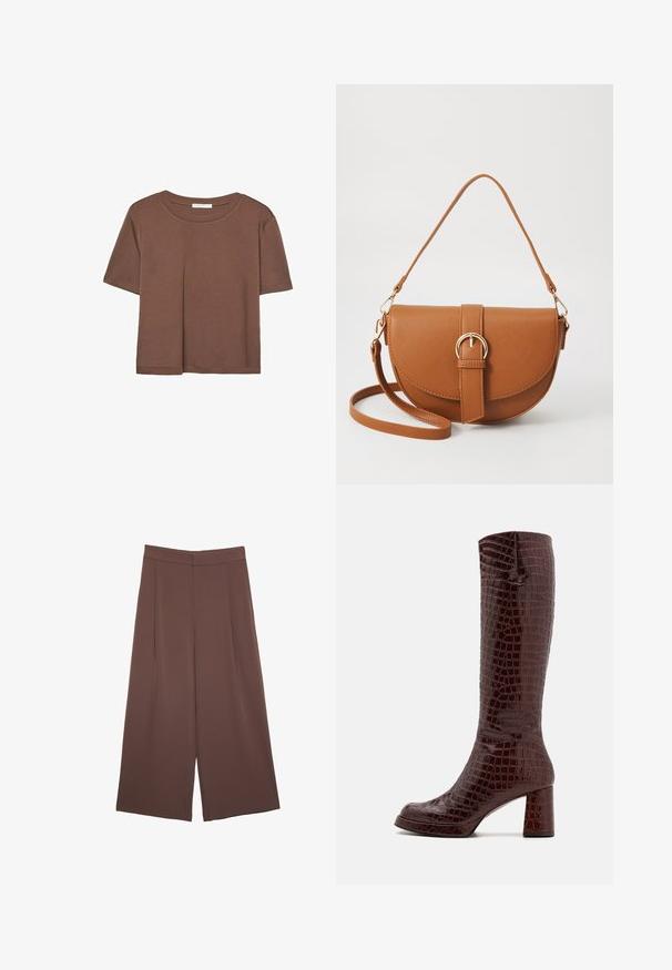 Brązowa koszulka z krótkim rękawem, wykonana z miękkiego materiału, z okrągłym dekoltem i luźnym krojem. Brak widocznych wzorów lub akcentów.; Brązowe spodnie o szerokich nogawkach z gładką fakturą, z wysokim stanem i plisami z przodu. Materiał jest lekki i luźno opada.; Chie Mihara KANYE brązowy; Brązowa skórzana torba na ramię o zaokrąglonym kształcie, ze złotymi akcentami i zapięciem w formie klamry. Posiada odpinany pasek na ramię.