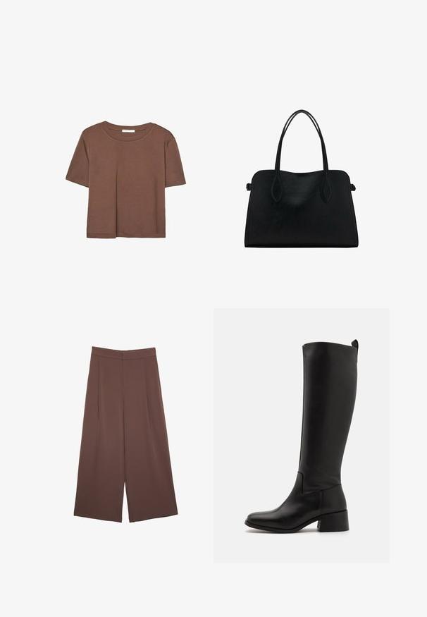 Brun kortärmad t-shirt i mjukt tyg, med rund halsringning och avslappnad passform. Inga synliga mönster eller detaljer.; Bruna vida byxor med en slät textur, som har hög midja och framfickor. Tyget är lätt och flödar löst.; Svarta knähöga stövlar i mjukt läder med klack, rund tå och en stilren, odekorerad design.; Svart läderhandväska med dubbla axelremmar, rektangulär form och minimalistisk design på vit bakgrund.