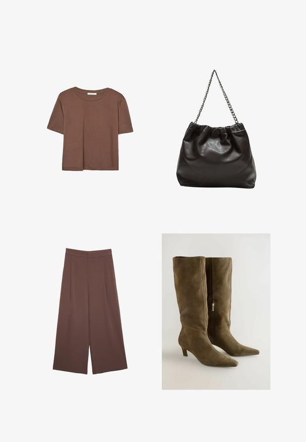 Braunes, kurzärmliges T-Shirt aus weichem Material mit rundem Halsausschnitt und lockerer Passform. Keine sichtbaren Muster oder Akzente.; Braune Weite-Leg-Hosen mit einer glatten Textur, hoher Taille und Vorderfalten. Der Stoff ist leicht und fällt locker.; Olivgrüne Wildlederkniehohe Stiefel mit spitzem Zehenbereich und einem schwarzen Reißverschluss an der Seite. Mit moderatem Absatz und glatter Oberfläche.; Braune Lederhandtasche mit gerafftem Oberteil und Kettenriemen. Glatte Textur mit glänzendem Finish und subtilen Nahtdetails an den Seiten.