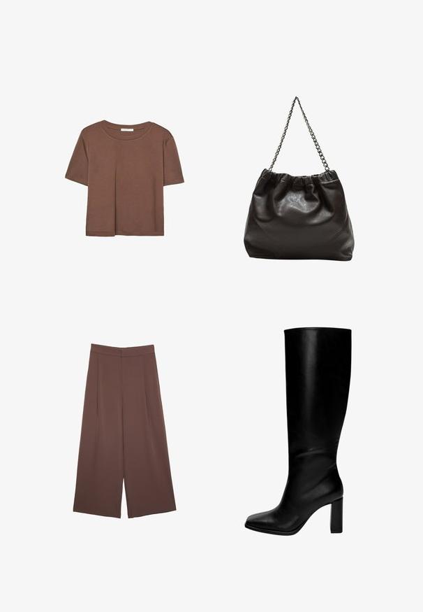 Maglietta a maniche corte marrone realizzata in tessuto morbido, con scollatura rotonda e vestibilità rilassata. Nessun motivo o dettaglio visibile.; Pantaloni ampi marroni con una texture liscia, caratterizzati da una vita alta e pieghe frontali. Il tessuto è leggero e scorre liberamente.; Stivali in pelle neri al ginocchio con punta quadrata e tacco spesso. Texture liscia, design aderente e senza hardware o motivi visibili.; Borsa in pelle marrone con parte superiore arricciata e tracolla a catena. Texture liscia con finitura lucida e dettagli di cucitura sottili sui lati.