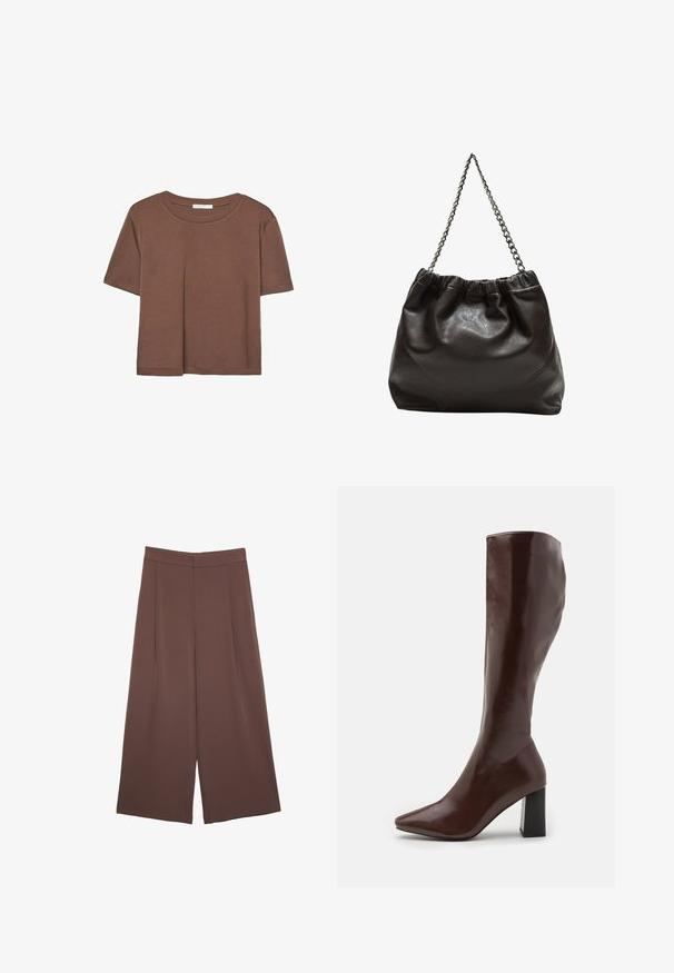 Maglietta a maniche corte marrone realizzata in tessuto morbido, con scollatura rotonda e vestibilità rilassata. Nessun motivo o dettaglio visibile.; Pantaloni ampi marroni con una texture liscia, caratterizzati da una vita alta e pieghe frontali. Il tessuto è leggero e scorre liberamente.; RAID HETTIE - Stivali alti - brown; Borsa in pelle marrone con parte superiore arricciata e tracolla a catena. Texture liscia con finitura lucida e dettagli di cucitura sottili sui lati.