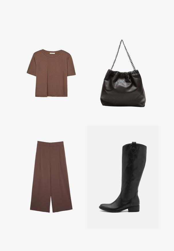 Korte mouwen T-shirt in bruin, gemaakt van een zachte stof, met een ronde halslijn en een relaxte pasvorm. Geen zichtbare patronen of accenten.; Bruine wijde broek met een gladde textuur, voorzien van een hoge taille en plooien aan de voorkant. De stof is lichtgewicht en valt losjes.; Zwart leren kniehoge laars met een ronde neus, lage blokhak en decoratieve stikdetails. Voorzien van een trekband aan de achterkant voor gemakkelijk aan- en uittrekken.; Bruine leren tas met een geplooide bovenkant en een kettinghengsel. Glad textuur met een glanzende afwerking en subtiele naaddetails aan de zijkanten.