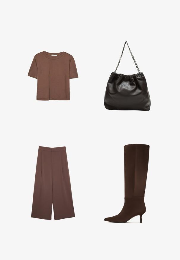 Smeđi kratki rukav majica od mekog materijala, s okruglim izrezom i opuštenim krojem. Nema vidljivih uzoraka ili naglasaka.; Smeđe hlače širokog kroja s glatkom teksturom, koje imaju visok struk i nabore sprijeda. Tkanina je lagana i slobodno se kreće.; Smeđe čizme do koljena izrađene od glatkog materijala, s oštrom vagu i uskim, visokim potpeticama. Besprijekoran dizajn s minimalnim naglaskom.; Smeđa kožna torba s naboranim vrhom i lančićem za nošenje. Glatka tekstura s sjajnim završetkom i suptilnim šavnim detaljima sa strane.