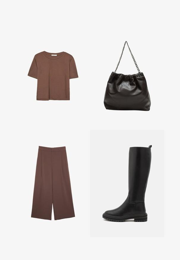 Brun kortærmet t-shirt lavet af blødt stof, med rund halsudskæring og afslappet pasform. Ingen synlige mønstre eller detaljer.; Brune bredbunde bukser med en glat tekstur, der har høj talje og plisseringer foran. Stoffet er let og falder løst.; Støvler i sort læder til knæene med en glat overflade, rund tå, lav gummisål og minimal syning.; Brun lædertaske med en rynket top og en kædestrop. Glat tekstur med en blank finish og subtile sømdetaljer på siderne.