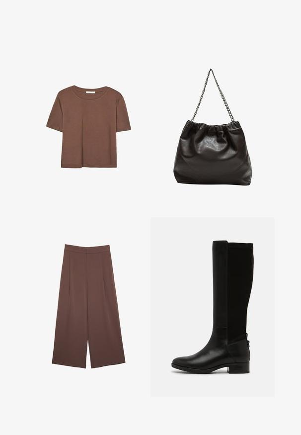 Maglietta a maniche corte marrone realizzata in tessuto morbido, con scollatura rotonda e vestibilità rilassata. Nessun motivo o dettaglio visibile.; Pantaloni ampi marroni con una texture liscia, caratterizzati da una vita alta e pieghe frontali. Il tessuto è leggero e scorre liberamente.; Stivali neri al ginocchio realizzati in una combinazione di pelle liscia e camoscio, con tacco a blocco e una linguetta laterale per facilitarne l'indossamento.; Borsa in pelle marrone con parte superiore arricciata e tracolla a catena. Texture liscia con finitura lucida e dettagli di cucitura sottili sui lati.