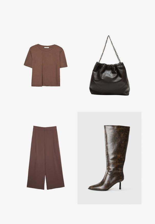 Rjava kratka majica s kratkimi rokavi iz mehkega materiala, s krožnim izrezom in ohlapnim krojem. Brez vidnih vzorcev ali dodatkov.; Rjave široke hlače z gladko teksturo, ki imajo visok pas in sprednje naborke. Tkanina je lahka in prosto pada.; Rjave poškodovane usnjene škornje do kolen s koničastim nosom in tankim špicastim peto na belem ozadju.; Rjava usnjena torba z nabranim vrhom in verižnim trakom. Gladka tekstura z sijajno površino in subtilnimi šivi na straneh.