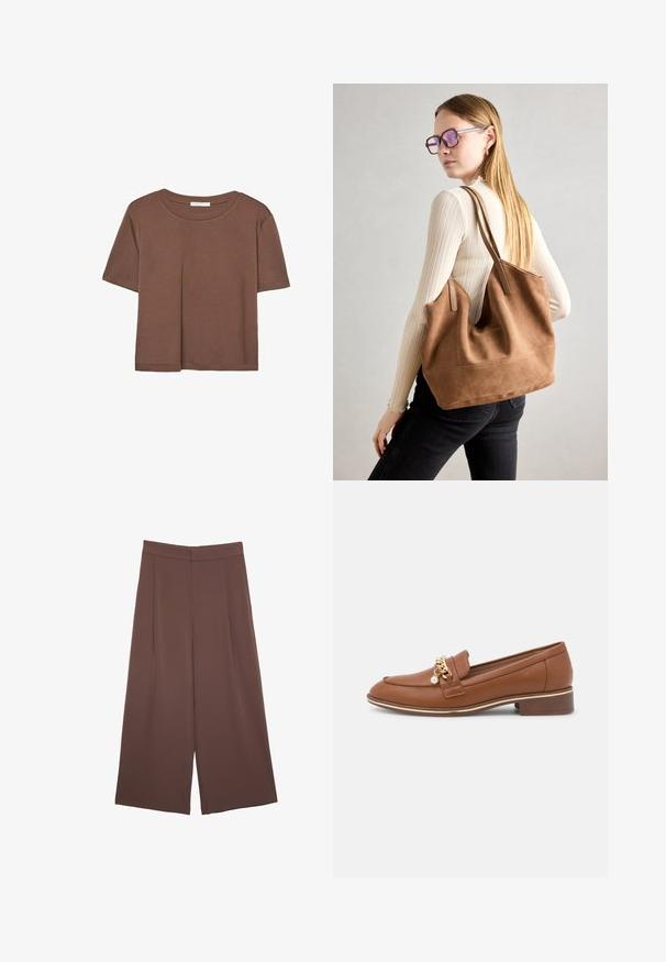 Braunes, kurzärmliges T-Shirt aus weichem Material mit rundem Halsausschnitt und lockerer Passform. Keine sichtbaren Muster oder Akzente.; Braune Weite-Leg-Hosen mit einer glatten Textur, hoher Taille und Vorderfalten. Der Stoff ist leicht und fällt locker.; Brauner Lederloafer mit goldener Kettenakzent und Perlendetail. Mit abgerundeter Spitze und kleinem Blockabsatz. Glatte Textur und elegantes Design.; Braune Wildleder-Tasche mit weicher Textur, großer Öffnung und langen Trägern. Sie verfügt über ein simples Design mit sichtbarem Stich und ohne Beschläge.