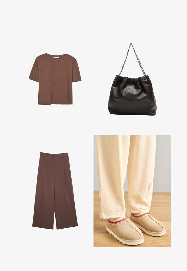 Smeđi kratki rukav majica od mekog materijala, s okruglim izrezom i opuštenim krojem. Nema vidljivih uzoraka ili naglasaka.; Smeđe hlače širokog kroja s glatkom teksturom, koje imaju visok struk i nabore sprijeda. Tkanina je lagana i slobodno se kreće.; Svijetlosmeđi suede klompe s crvenim dekorativnim rubom i bijelim gumenim potplatom, u kombinaciji sa svijetlosmeđim hlačama, postavljene na drveni pod.; Smeđa kožna torba s naboranim vrhom i lančićem za nošenje. Glatka tekstura s sjajnim završetkom i suptilnim šavnim detaljima sa strane.