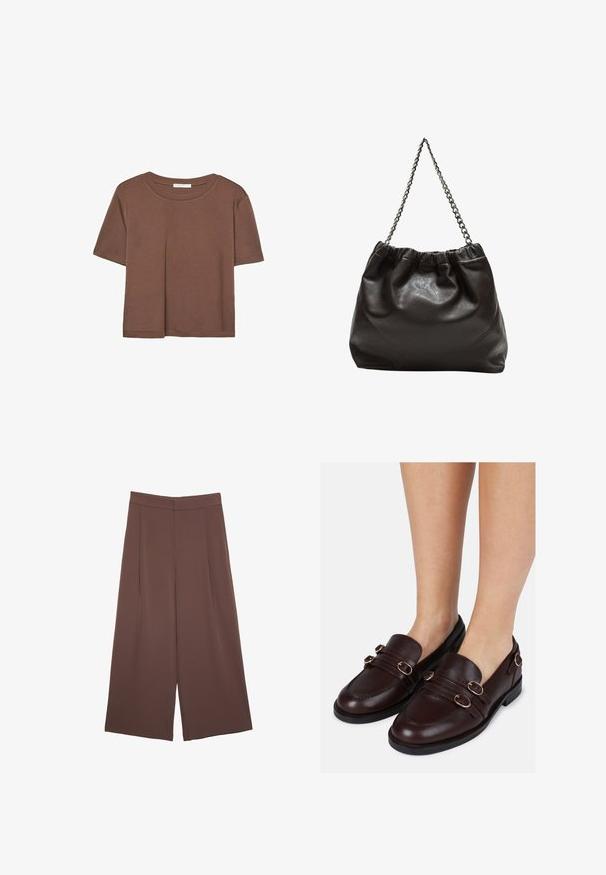Braunes, kurzärmliges T-Shirt aus weichem Material mit rundem Halsausschnitt und lockerer Passform. Keine sichtbaren Muster oder Akzente.; Braune Weite-Leg-Hosen mit einer glatten Textur, hoher Taille und Vorderfalten. Der Stoff ist leicht und fällt locker.; Braune Lederloafers mit runder Zehenpartie, zwei Bändern über dem Rist und dekorativen Beschlägen in Goldton an den Seiten.; Braune Lederhandtasche mit gerafftem Oberteil und Kettenriemen. Glatte Textur mit glänzendem Finish und subtilen Nahtdetails an den Seiten.