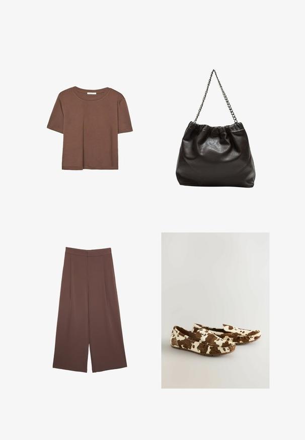 Hnědé tričko s krátkým rukávem vyrobené z měkké látky, s kulatým výstřihem a volným střihem. Bez viditelných vzorů nebo dekorací.; Hnědé široké kalhoty s hladkou texturou, vysokým pasem a předními záhyby. Materiál je lehký a volně splývá.; Loaferky s krávským vzorem vyrobené z měkkého materiálu s hnědo-bílým vzorem, s designem na obutí a plochou gumovou podešví.; Hnědá kožená taška se sbíraným vrškem a řetízkovým popruhem. Hladký povrch s lesklým finišem a jemným švem na bocích.