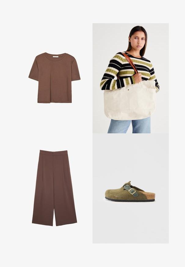 Smeđi kratki rukav majica od mekog materijala, s okruglim izrezom i opuštenim krojem. Nema vidljivih uzoraka ili naglasaka.; Smeđe hlače širokog kroja s glatkom teksturom, koje imaju visok struk i nabore sprijeda. Tkanina je lagana i slobodno se kreće.; Maslinasto zeleni suede slip-on klompe s korkovim uloškom. Ima kopču i zaobljen vrh, te teksturirani gumeni potplat.; Velika bež platnena torba s tamnosmešnim kožnim trakama, koja se ističe minimalističkim dizajnom i vidljivim šavovima.