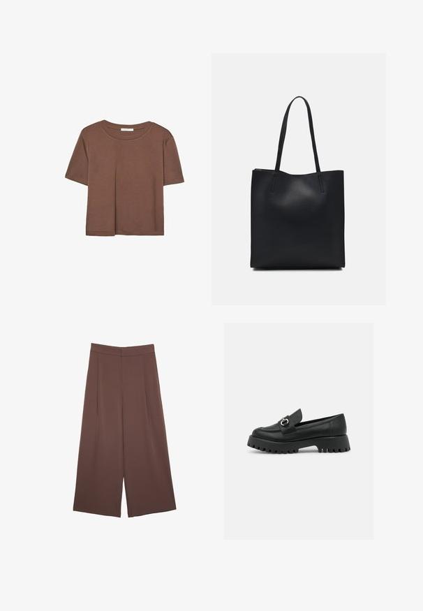 T-shirt marron à manches courtes en tissu doux, avec un col rond et une coupe décontractée. Aucun motif ni accent visible.; Pantalons larges marron avec une texture lisse, dotés d'une taille haute et de plis à l'avant. Le tissu est léger et tombe de manière fluide.; Mocassins en cuir noir avec un bout arrondi, présentant un accent de boucle et une semelle épaisse à crans. Texture lisse avec des détails de couture minimaux.; Sac fourre-tout en cuir noir avec une texture lisse, de forme rectangulaire et deux longues poignées. Pas de matériel ou d'ornementations visibles.