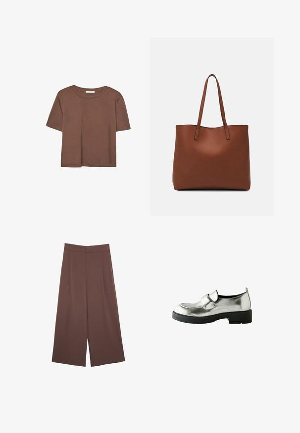 T-shirt marron à manches courtes en tissu doux, avec un col rond et une coupe décontractée. Aucun motif ni accent visible.; Pantalons larges marron avec une texture lisse, dotés d'une taille haute et de plis à l'avant. Le tissu est léger et tombe de manière fluide.; Mocassins métalliques argentés avec un bout arrondi, accent de bande et une épaisse semelle en caoutchouc noir. Texture lisse et design minimaliste.; Sac fourre-tout en cuir marron avec une texture lisse, design à ouverture supérieure et deux poignées pour le porter à l'épaule. Présente des coutures minimales et aucun matériel visible.
