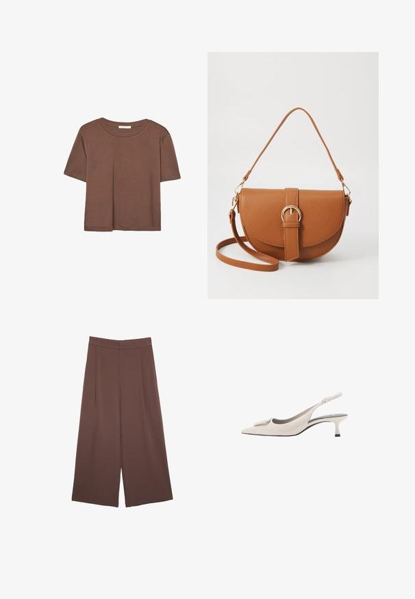 Maglietta a maniche corte marrone realizzata in tessuto morbido, con scollatura rotonda e vestibilità rilassata. Nessun motivo o dettaglio visibile.; Pantaloni ampi marroni con una texture liscia, caratterizzati da una vita alta e pieghe frontali. Il tessuto è leggero e scorre liberamente.; Mango Ballerine con cinturino - white; Borsa a tracolla in pelle marrone con forma curvata, hardware dorato e un dettaglio con fibbia. Presenta una tracolla rimovibile.