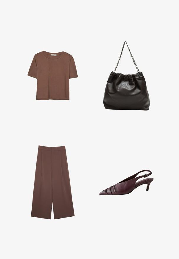 T-shirt marron à manches courtes en tissu doux, avec un col rond et une coupe décontractée. Aucun motif ni accent visible.; Pantalons larges marron avec une texture lisse, dotés d'une taille haute et de plis à l'avant. Le tissu est léger et tombe de manière fluide.; Chaussures slingbacks en cuir bordeaux avec un bout pointu, présentant une texture froncée à l'avant et un talon slim et structuré. Bride ajustable.; Sac en cuir marron avec un haut froncé et une bandoulière en chaîne. Texture lisse avec une finition brillante et des coutures subtiles sur les côtés.