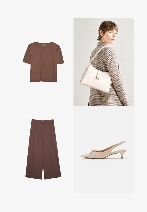 Kahvinsävyinen lyhythihainen t-paita, joka on valmistettu pehmeästä kankaasta. Pyöreä pääntie ja rento malli. Ei näkyviä kuvioita tai koristeita.; Ruskeat leveälahkeiset housut, joissa on sileä pinta, korkea vyötärö ja etupleat. Kangas on kevyttä ja laskeutuu väljänä.; Beige patento nahkapohjalliset korkokengät, joissa on teräväkärkinen muoto ja koristeellinen nauha jalkapöydällä. Kengissä on matala, hoikka korko ja sileä pinta.; Valkoinen nahkainen käsilaukku, jossa on jämäkkä muotoilu, magneettinen suljin ja olkahihna, esillä neutraalilla taustalla.
