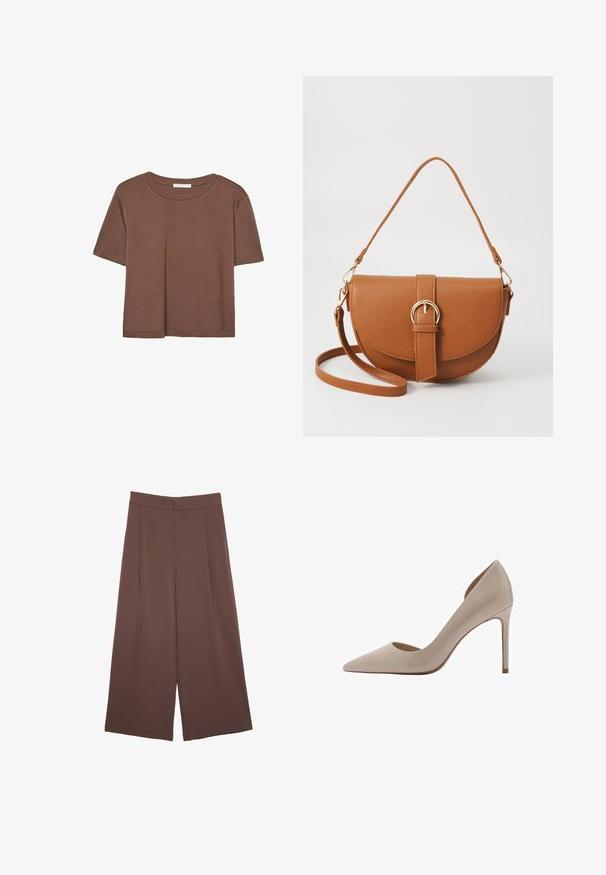 Kahvinsävyinen lyhythihainen t-paita, joka on valmistettu pehmeästä kankaasta. Pyöreä pääntie ja rento malli. Ei näkyviä kuvioita tai koristeita.; Ruskeat leveälahkeiset housut, joissa on sileä pinta, korkea vyötärö ja etupleat. Kangas on kevyttä ja laskeutuu väljänä.; Mango ASYMMETRISCHE MET EFFECT - Korolliset avokkaat - grey; Ruskean nahkainen olkalaukku, jossa on kaareva muoto, kultaiset yksityiskohdat ja solkiyksityiskohta. Varustettu irrotettavalla olkahihnalla.