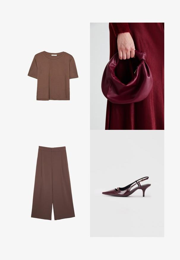 Brun kortærmet t-shirt lavet af blødt stof, med rund halsudskæring og afslappet pasform. Ingen synlige mønstre eller detaljer.; Brune bredbunde bukser med en glat tekstur, der har høj talje og plisseringer foran. Stoffet er let og falder løst.; Bordeaux slingback hæle med spids tå, glat læderfinish, lille udskæring fortil og en slank stilettohælelse med guldaccentuering.; Bordeaux læderhåndtaske med et blødt, samlet design og en rund form. Håndtaget er sikret og viser en glat tekstur.
