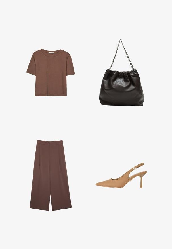 Maglietta a maniche corte marrone realizzata in tessuto morbido, con scollatura rotonda e vestibilità rilassata. Nessun motivo o dettaglio visibile.; Pantaloni ampi marroni con una texture liscia, caratterizzati da una vita alta e pieghe frontali. Il tessuto è leggero e scorre liberamente.; Tacco slingback marrone con punta affilata, texture liscia, cinturino regolabile e tacco sottile. Design minimalista con un sottile accento in hardware dorato.; Borsa in pelle marrone con parte superiore arricciata e tracolla a catena. Texture liscia con finitura lucida e dettagli di cucitura sottili sui lati.