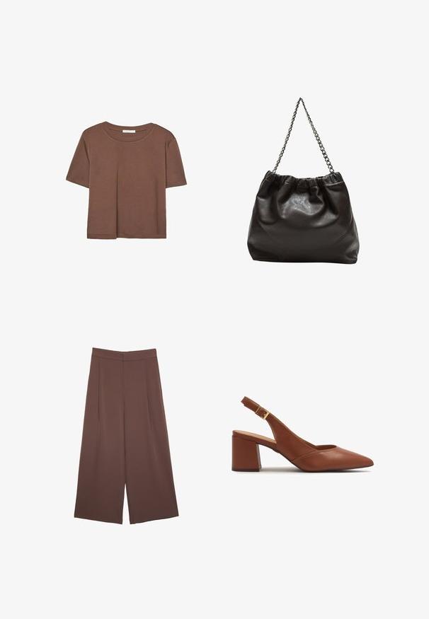 Hnedé tričko s krátkym rukávom vyrobené z jemného materiálu, s okrúhlym výstrihom a voľným strihom. Žiadne viditeľné vzory ani akcenty.; Hnedé nohavice so širokými nohavicami a hladkou textúrou, s vysokým pásom a prednými skladmi. Tkanina je ľahká a voľne sa pohybuje.; Hnedá kožená lodička so slingbackom, s špicatou špičkou, blokovým podpätkom a nastaviteľným pásikom s detailom zlatého pracky.; Hnedá kožená taška so zberaným vrchom a reťazovým popruhom. Hladký povrch s lesklým finišom a jemným švom po stranách.