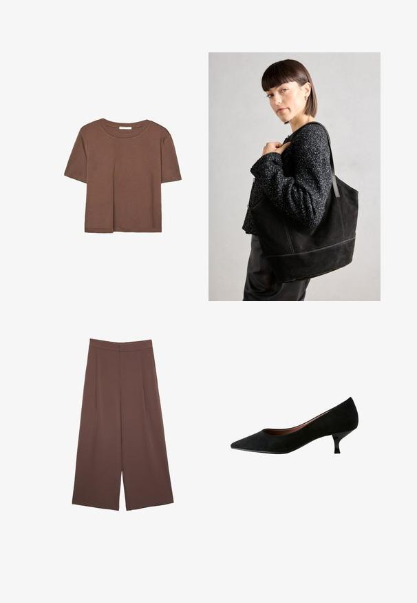 Korte mouwen T-shirt in bruin, gemaakt van een zachte stof, met een ronde halslijn en een relaxte pasvorm. Geen zichtbare patronen of accenten.; Bruine wijde broek met een gladde textuur, voorzien van een hoge taille en plooien aan de voorkant. De stof is lichtgewicht en valt losjes.; Zwarte suède pump met een spitse neus, lage kittenheel, gladde textuur en een minimalistisch ontwerp, geschikt voor formele of professionele kleding.; Zwarte suede schoudertas met een gladde textuur, gestructureerde vorm en contrasterende stiksels. Voorzien van lange hengsels voor schouderdraag.
