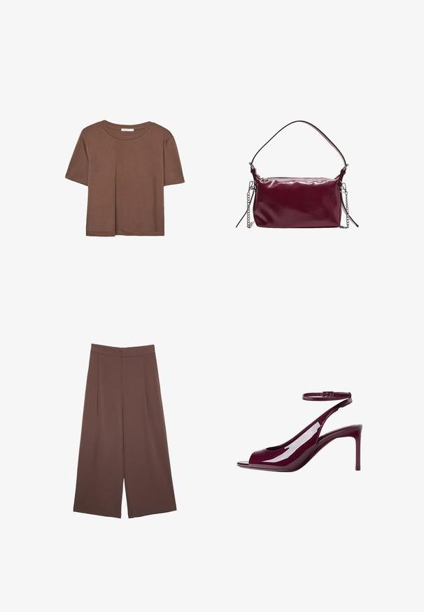 Rjava kratka majica s kratkimi rokavi iz mehkega materiala, s krožnim izrezom in ohlapnim krojem. Brez vidnih vzorcev ali dodatkov.; Rjave široke hlače z gladko teksturo, ki imajo visok pas in sprednje naborke. Tkanina je lahka in prosto pada.; Burgundska lakirana usnjena sandala s peto z odprtim prstom, gležnjenčnim trakom in elegantno silhueto. Sijoča površina izboljša vizualno privlačnost.; Burgundska faux kožna torbica s gladkom površino, pravokotno obliko, zgornjim zadrgo in zlahka odstranljivim verižnim usnjem.