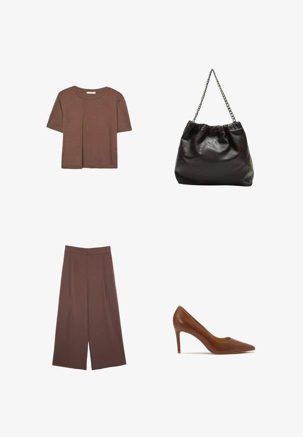 Hnedé tričko s krátkym rukávom vyrobené z jemného materiálu, s okrúhlym výstrihom a voľným strihom. Žiadne viditeľné vzory ani akcenty.; Hnedé nohavice so širokými nohavicami a hladkou textúrou, s vysokým pásom a prednými skladmi. Tkanina je ľahká a voľne sa pohybuje.; Hnedá kožená lodička na vysokom podpätku s špicatou špičkou, ktorá má hladkú textúru a elegantný siluetu, merajúca približne 7,5 cm.; Hnedá kožená taška so zberaným vrchom a reťazovým popruhom. Hladký povrch s lesklým finišom a jemným švom po stranách.