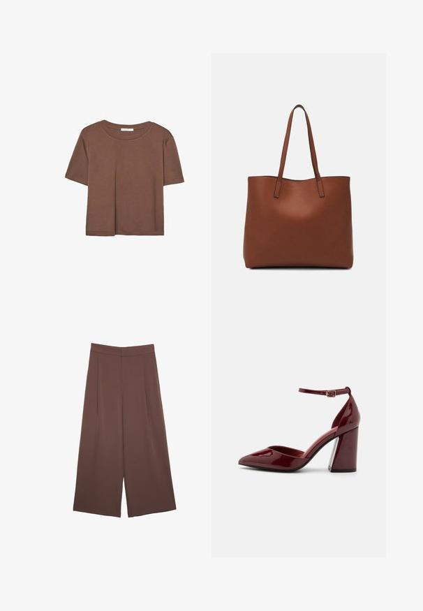 Maglietta a maniche corte marrone realizzata in tessuto morbido, con scollatura rotonda e vestibilità rilassata. Nessun motivo o dettaglio visibile.; Pantaloni ampi marroni con una texture liscia, caratterizzati da una vita alta e pieghe frontali. Il tessuto è leggero e scorre liberamente.; Pantofole col tacco alto in vernice bordeaux con punta affusolata, cinturino alla caviglia e tacco spesso. Texture liscia e design elegante.; Borsa tote in pelle marrone con texture liscia, design con apertura superiore e due spallacci. Presenta cuciture minime e nessun hardware visibile.
