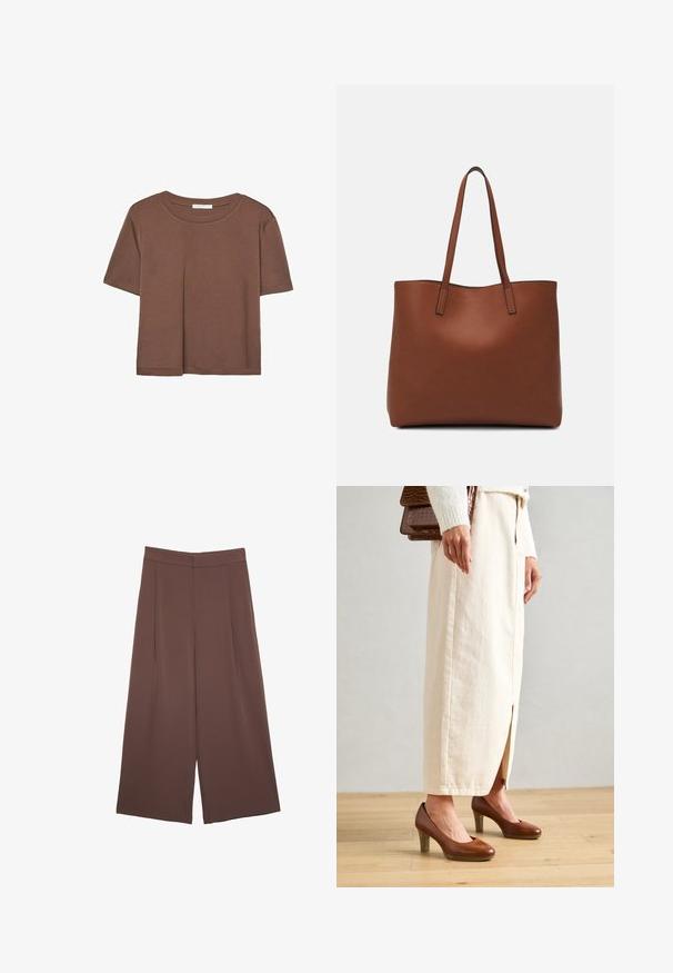 Brun kortærmet t-shirt lavet af blødt stof, med rund halsudskæring og afslappet pasform. Ingen synlige mønstre eller detaljer.; Brune bredbunde bukser med en glat tekstur, der har høj talje og plisseringer foran. Stoffet er let og falder løst.; Brune hæle sko med rund tå, parret med en cremefarvet lang nederdel med en frontslids, og en struktureret brun håndtaske.; Brun læder tote taske med en glat overflade, åben topdesign og to skulderremme. Har minimal syning og ingen synlig hardware.
