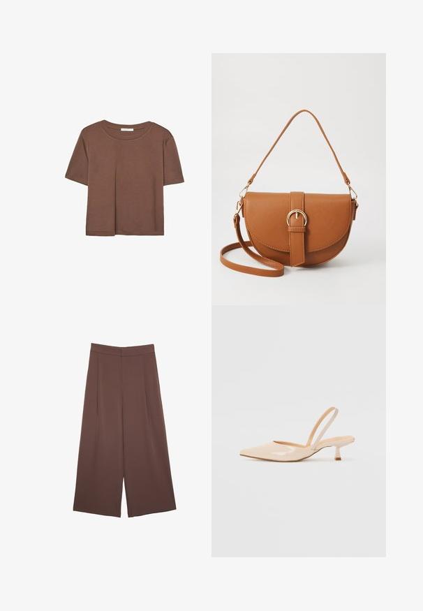 Rjava kratka majica s kratkimi rokavi iz mehkega materiala, s krožnim izrezom in ohlapnim krojem. Brez vidnih vzorcev ali dodatkov.; Rjave široke hlače z gladko teksturo, ki imajo visok pas in sprednje naborke. Tkanina je lahka in prosto pada.; Bež čevlji na peto iz patentiranega usnja, s koničastim nosom in ozko kvadratno peto. Gladka tekstura in minimalističen dizajn brez okrasja.; Rjava usnjena torbica prek telesa s ukrivljeno obliko, zlate opreme in sponko. Ima odstranljiv naramni trak.