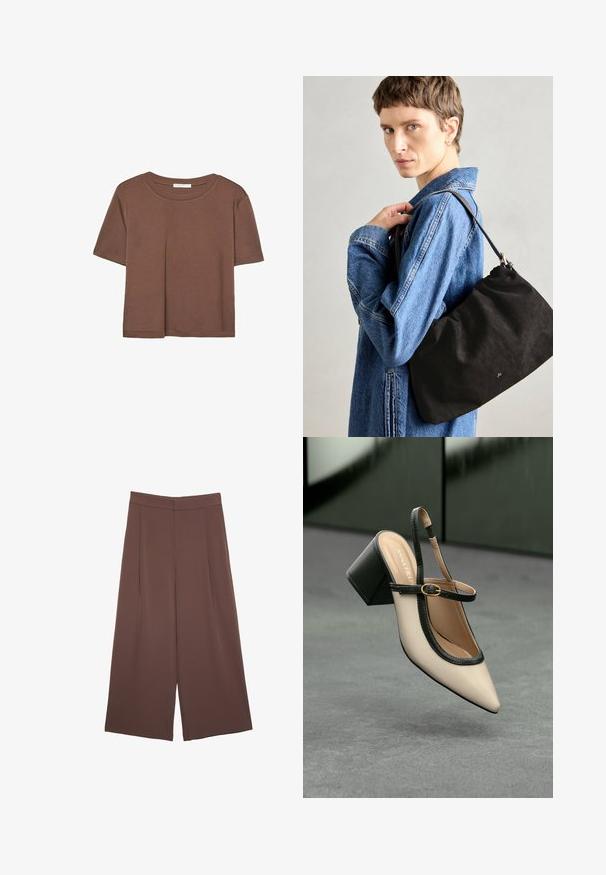 Hnedé tričko s krátkym rukávom vyrobené z jemného materiálu, s okrúhlym výstrihom a voľným strihom. Žiadne viditeľné vzory ani akcenty.; Hnedé nohavice so širokými nohavicami a hladkou textúrou, s vysokým pásom a prednými skladmi. Tkanina je ľahká a voľne sa pohybuje.; Béžová lodička so špicatou špičkou, s čiernym lemom, zlatou prackou a robustným blokovým podpätkom na šedom podlahe s tmavozeleným pozadím.; Čierna semišová kabelka so soft, štruktúrovaným tvarom, s úzkym koženým popruhom a decentným logom značky. Modelka má na sebe džínovú bundu.
