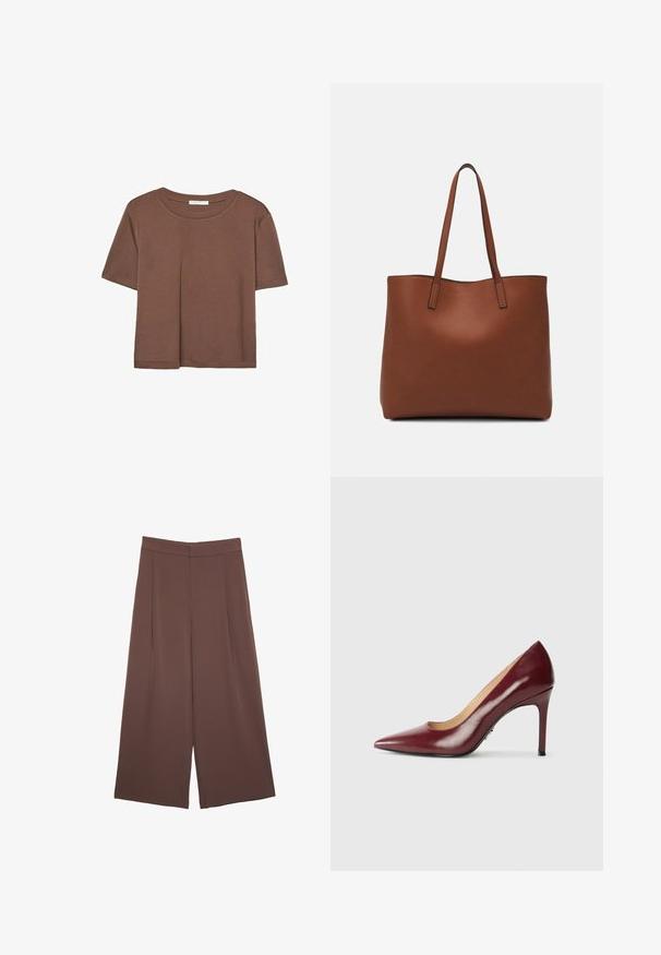 Kahvinsävyinen lyhythihainen t-paita, joka on valmistettu pehmeästä kankaasta. Pyöreä pääntie ja rento malli. Ei näkyviä kuvioita tai koristeita.; Ruskeat leveälahkeiset housut, joissa on sileä pinta, korkea vyötärö ja etupleat. Kangas on kevyttä ja laskeutuu väljänä.; Tummanpunaiset nahkakengät, joissa on kapea kärki ja ohut stiletto-korotus valkoisella taustalla.; Ruskea nahkainen olkalaukku, jossa on sileä pinta, avoin yläosa ja kaksi olkahihnaa. Omaavat vain minimaalisen ompelun eikä näkyvää metalliosaa.