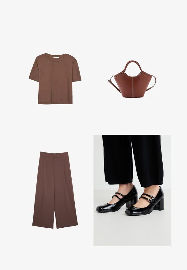 Hnědé tričko s krátkým rukávem vyrobené z měkké látky, s kulatým výstřihem a volným střihem. Bez viditelných vzorů nebo dekorací.; Hnědé široké kalhoty s hladkou texturou, vysokým pasem a předními záhyby. Materiál je lehký a volně splývá.; Černé lakované mary jane boty s dvěma nastavitelnými pásky, čtveratou špičkou a masivním podpatkem, umístěné na světlém povrchu.; Hnědá kožená kabelka s kuželovitým tvarem, pevnými uchy a kontrastním bílým prošíváním. Obsahuje odnímatelný ramenní popruh pro univerzálnost.
