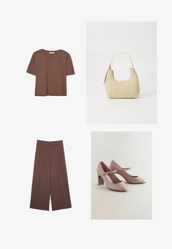 Hnědé tričko s krátkým rukávem vyrobené z měkké látky, s kulatým výstřihem a volným střihem. Bez viditelných vzorů nebo dekorací.; Hnědé široké kalhoty s hladkou texturou, vysokým pasem a předními záhyby. Materiál je lehký a volně splývá.; Růžové lakované lodičky na vysokém podpatku s špičatou špičkou, krajkovým lemem podél okraje a křížovým popruhem.; Tkaná slámová kabelka v béžové barvě s zakřiveným tvarem, krátkým držadlem a bočním zipem. Vyznačuje se texturovaným povrchem a minimalistickým designem.