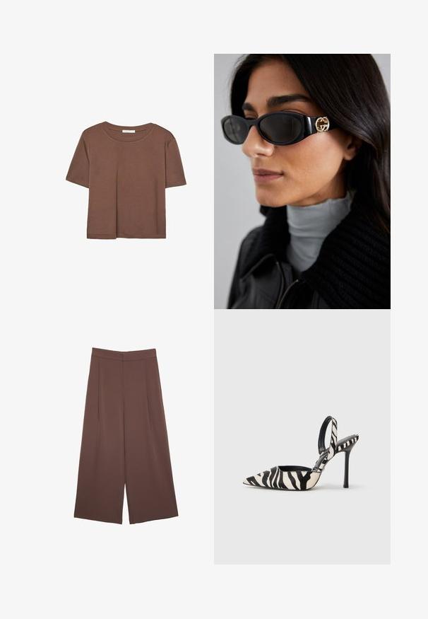Braunes, kurzärmliges T-Shirt aus weichem Material mit rundem Halsausschnitt und lockerer Passform. Keine sichtbaren Muster oder Akzente.; Braune Weite-Leg-Hosen mit einer glatten Textur, hoher Taille und Vorderfalten. Der Stoff ist leicht und fällt locker.; Schwarze und cremefarbene Zebra-Muster Slingback-Pumps mit spitzem Schuhspitz, schlanken hohen Absätzen und offenem Design hinten, ausgestattet mit einem schwarzen Innenfutter.; Schwarze Sonnenbrille mit einem schlanken rechteckigen Rahmen und einem goldenen Logo-Akzent an der Seite. Dunkle Gläser und glänzende Oberfläche sind auffällig.; Schwarze Lederhandtasche mit strukturiertem Design, Obergriff, abnehmbarer Schulterriemen und Hardware in Goldtönen an einem Magnetverschluss.