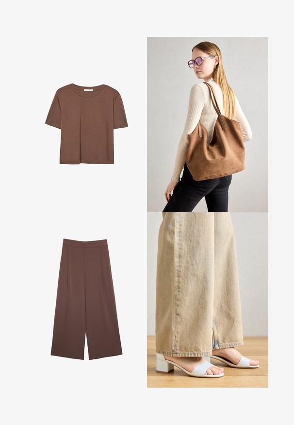 Brun kortärmad t-shirt i mjukt tyg, med rund halsringning och avslappnad passform. Inga synliga mönster eller detaljer.; Bruna vida byxor med en slät textur, som har hög midja och framfickor. Tyget är lätt och flödar löst.; Ljusblå blockklackade sandaler med två breda remmar. Bärs med beige vida byxor, vilket framhäver skodesignen mot tygtexturen.; Brun mocka toteväska med mjuk textur, stor öppning och långa axelremmar. Har en enkel design med synliga sömmar och ingen hårdvara.