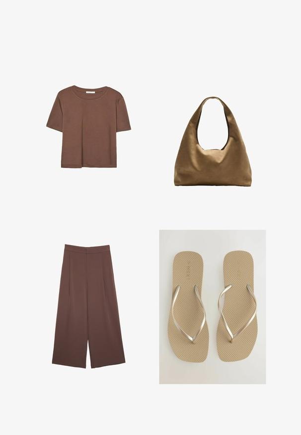 Hnedé tričko s krátkym rukávom vyrobené z jemného materiálu, s okrúhlym výstrihom a voľným strihom. Žiadne viditeľné vzory ani akcenty.; Hnedé nohavice so širokými nohavicami a hladkou textúrou, s vysokým pásom a prednými skladmi. Tkanina je ľahká a voľne sa pohybuje.; Béžové šľapky s textúrovanou podrážkou a kovovými strapkami v striebornej farbe. Jednoduchý dizajn, s plochou a širokou chodidlovou časťou pre pohodlie.; Hnedá látková taška cez rameno s širokým, zaobleným telom a veľkým vyrezaným uchom. Mäkčená textúra, minimalistický dizajn a bez viditeľného kovania.