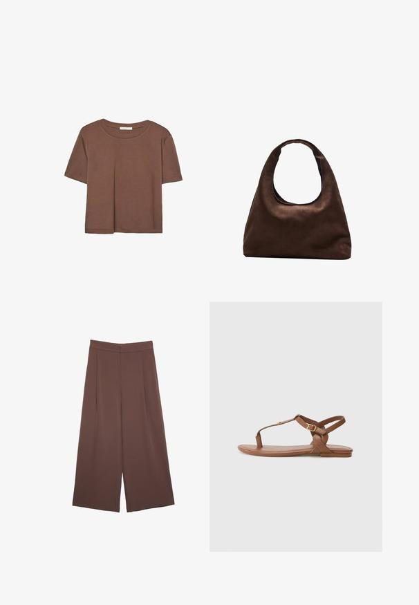 Brown short-sleeve t-shirt made of soft fabric, with a round neckline and relaxed fit. No visible patterns or accents.; Brown wide-leg trousers with a smooth texture, featuring a high waist and front pleats. The fabric is lightweight and flows loosely.; Brown leather sandal with a T-strap design, adjustable ankle strap with a gold buckle, flat sole, and smooth texture.; Soft brown hobo-style handbag with a single wide strap and a curved top handle opening, displayed on a white background.