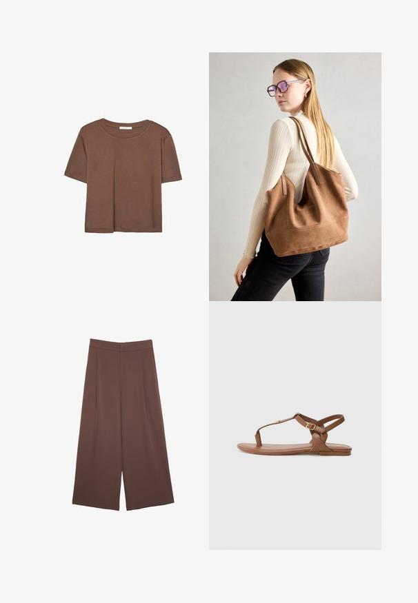 Brown short-sleeve t-shirt made of soft fabric, with a round neckline and relaxed fit. No visible patterns or accents.; Brown wide-leg trousers with a smooth texture, featuring a high waist and front pleats. The fabric is lightweight and flows loosely.; Brown leather sandal with a T-strap design, adjustable ankle strap with a gold buckle, flat sole, and smooth texture.; Brown suede tote bag with soft texture, large opening, and long straps. Features a simple design with visible stitching and no hardware.