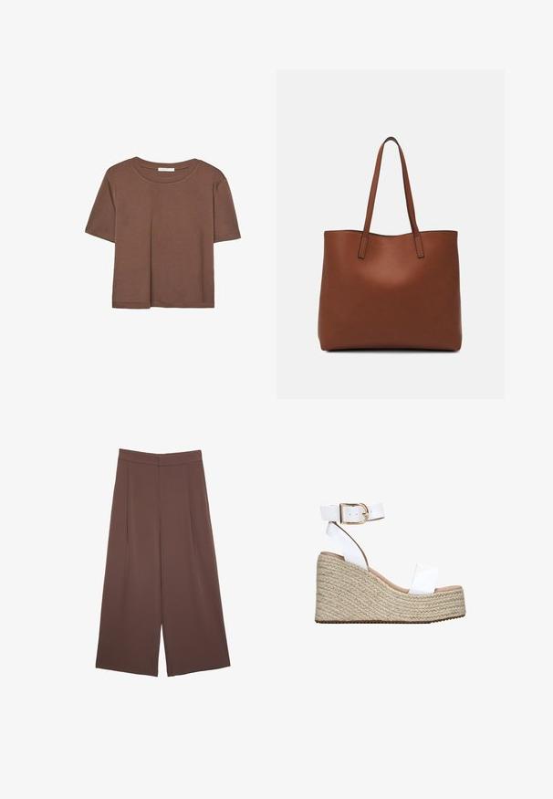 T-shirt marron à manches courtes en tissu doux, avec un col rond et une coupe décontractée. Aucun motif ni accent visible.; Pantalons larges marron avec une texture lisse, dotés d'une taille haute et de plis à l'avant. Le tissu est léger et tombe de manière fluide.; Sandale compensée en cuir blanc avec une plateforme en jute tressé, bout ouvert et une bride de cheville avec une boucle dorée et une texture lisse.; Sac fourre-tout en cuir marron avec une texture lisse, design à ouverture supérieure et deux poignées pour le porter à l'épaule. Présente des coutures minimales et aucun matériel visible.