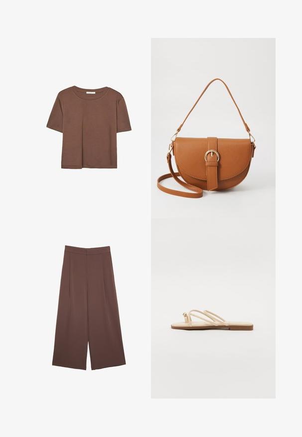 Brown short-sleeve t-shirt made of soft fabric, with a round neckline and relaxed fit. No visible patterns or accents.; Brown wide-leg trousers with a smooth texture, featuring a high waist and front pleats. The fabric is lightweight and flows loosely.; Beige flat sandals with three thin straps and a small rounded gold accent. Smooth material with a minimalist design and a tan sole.; Brown leather crossbody bag with a curved shape, gold hardware, and a buckle accent. Features a detachable shoulder strap.